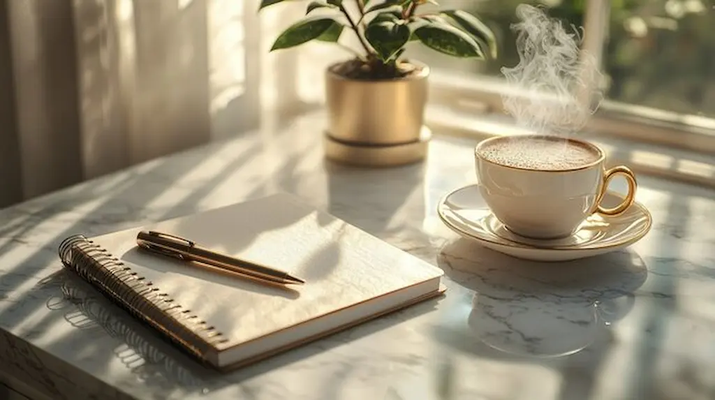 small wins on a morning desk with notebook, pencil, and coffee